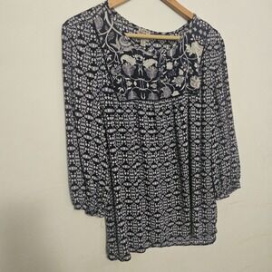 Como Vintage‎ Women's Blouse Blue Flowy Button Up Blouse XL Artsy Resort Beach